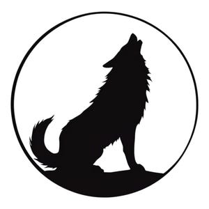 May include: Black silhouette of a wolf howling at the moon. The wolf is sitting on its haunches with its head tilted back and its mouth open. The moon is a white circle behind the wolf.