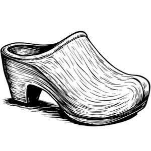 May include: A black and white illustration of a wooden clog shoe. The shoe has a rounded toe, a curved upper, and a small heel. The lines in the illustration give the shoe a textured appearance.
