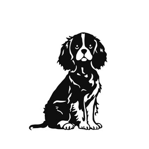 May include: Black and white silhouette of a Cavalier King Charles Spaniel dog sitting with its ears perked up.