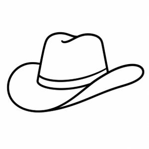 May include: A black and white line drawing of a cowboy hat. The hat has a rounded crown and a wide brim that curves upwards on the sides. A thin band encircles the base of the crown.