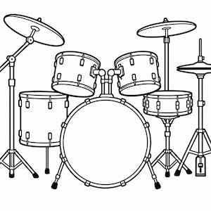 May include: Line art illustration of a drum kit, featuring a bass drum, snare drum, tom-toms, and cymbals. The drum set is depicted in black and white, with detailed outlines of each component, including stands and hardware. Ideal for music enthusiasts.