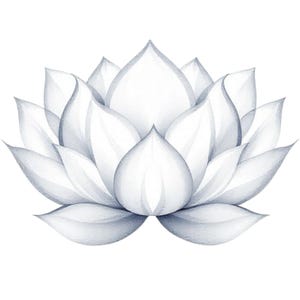 以下が含まれることがあります： 白い蓮の花の詳細な水彩イラスト。 花びらは重ねられ、柔らかい灰色のトーンで影付けされており、奥行きと次元を作り出しています。 この画像は、花の繊細な美しさを際立たせる、清潔な白い背景に対して設定されています。