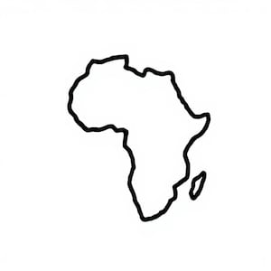May include: A black outline of the African continent against a white backdrop. The image shows the geographical shape of Africa, including the island of Madagascar.