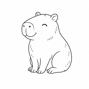 May include: A black and white cartoon illustration of a capybara. The capybara is sitting with its legs tucked under its body and has a smiling expression. The image is a simple line drawing with no shading or color.