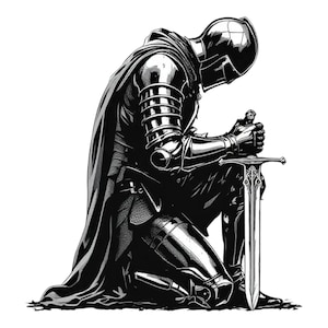 May include: A black and white illustration of a knight kneeling with a sword in his hand.