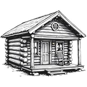 May include: Black and white illustration of a log cabin with a porch and a rocking chair. The cabin has a sloped roof and a small window with a decorative design. The porch has a railing and steps leading down to the ground.