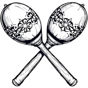 Puede incluir: Dos maracas cruzadas con un diseño floral en blanco y negro. Las maracas tienen mangos de madera y están representadas en un estilo de dibujo lineal detallado, adecuado para temas musicales o culturales.