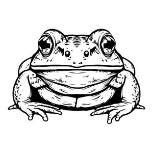 May include: Black and white line drawing of a frog with large eyes and a wide mouth. The frog is sitting on its belly with its legs outstretched.