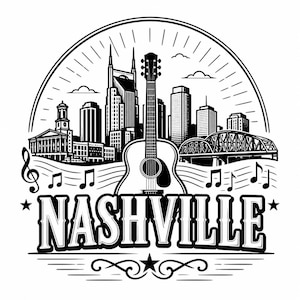 May include: Black and white illustration of the Nashville skyline with a guitar in the foreground. The word "NASHVILLE" is prominently displayed below the skyline, with musical notes and stars. A perfect design for music lovers.