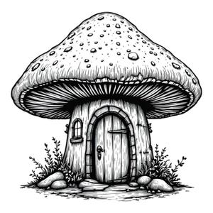 Fée champignon/champignon vénéneux maison noir et blanc Art SVG/PNG/JPG Clipart - usage commercial gratuit