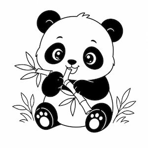 May include: A black and white cartoon illustration of a panda bear eating bamboo. The panda has black patches around its eyes, ears, and limbs. The panda is smiling and holding a piece of bamboo. The image is set against a white background.