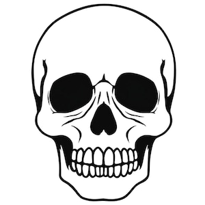 Peut inclure: Une illustration en noir et blanc d'un crâne humain avec un sourire plein de dents.