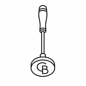 以下が含まれることがあります： 黒と白の線画で描かれた焼き印。木製のハンドル、細長い柄、そして中に「CB」の文字が入った円形の焼き印ヘッドが特徴です。シンプルでクリーンなデザインで、ブランディングに適しています。