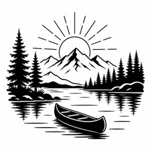 Può includere: Illustrazione in bianco e nero di un paesaggio montano con un lago, alberi e una canoa. Il sole sorge sulle montagne. Una canoa galleggia sull'acqua, riflettendo gli alberi e le montagne.