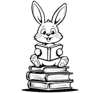 May include: A black and white illustration of a cartoon bunny rabbit sitting atop a stack of books. The rabbit is reading a book and has a happy expression. The image is a simple line drawing.