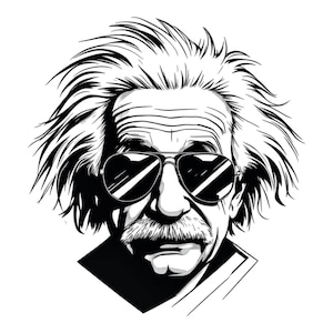 May include: Black and white illustration of Albert Einstein wearing sunglasses. His hair is wild and his expression is serious.