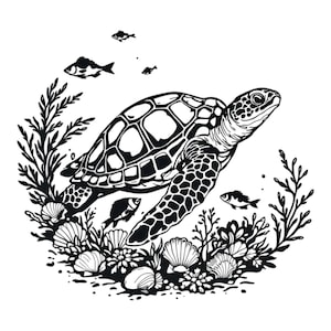Zeeschildpad zwemmen schelpen oceaanscène SVG/PNG/JPG-clipart - Gratis commercieel gebruik
