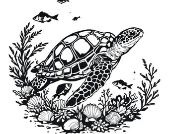 Sea Turtle Swimming Seashells Ocean Scene SVG / PNG / JPG Clipart - Free Commercial Use