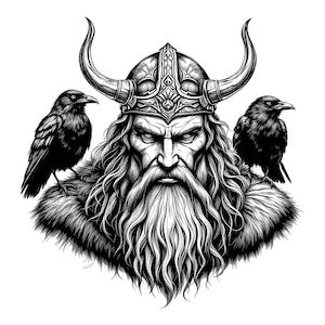 May include: A black and white illustration of a Viking warrior wearing a horned helmet, with a long beard and two ravens perched on his shoulders.