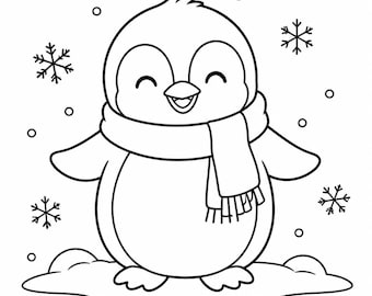 Cute Penguin in Snow Cartoon Simple Line Art SVG / PNG / JPG Kids Clipart - Free Commercial Use