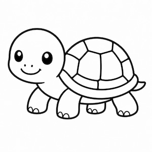 May include: A cartoon-style illustration of a smiling turtle. The turtle is depicted in black lines on a white background. It has a rounded head, large eyes, and a segmented shell. The turtle's four legs are visible, and it appears to be walking.
