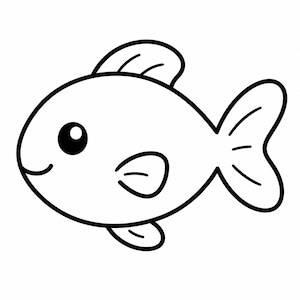 May include: A black and white cartoon illustration of a fish. The fish has a rounded body, a large eye, and a smiling mouth. It has fins on its back, sides, and tail. The image is simple and clean, with bold outlines.