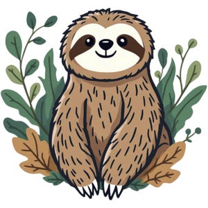 Op de afbeelding: Een cartoon illustratie van een lachende luiaard met bruine vacht, omringd door groene en bruine bladeren. De luiaard heeft een lichtbruin gezicht met donkerbruine markeringen rond de ogen.