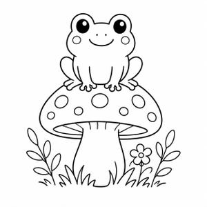 May include: A black and white illustration of a cartoon frog sitting on top of a mushroom. The mushroom has white spots. The frog has large eyes and a smiling face. Grass, leaves, and a flower are at the base of the mushroom.