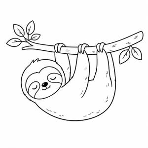 Puede incluir: Ilustración en blanco y negro de un perezoso colgado de una rama de árbol. El perezoso tiene los ojos cerrados y una expresión sonriente. La rama tiene hojas.