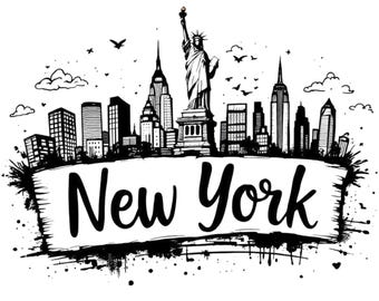 May include: A monochrome illustration of the New York City skyline, featuring the Statue of Liberty and iconic skyscrapers. The words 'New York' are written in a bold font across the bottom.