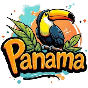 Pode incluir: Ilustração colorida de um tucano empoleirado em um galho com folhas verdes. A palavra "Panamá" está escrita em letras laranja com uma contorno preto. O fundo inclui elementos laranja, turquesa e azuis.