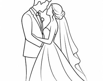 May include: Black and white line art illustration of a couple embracing. The man wears a suit and bow tie, and the woman is in a wedding dress with a veil. The couple is facing each other, ready to kiss.