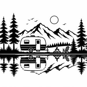 Husbil med lägereld vid sjö och bergslandskap Mysig camping SVG / PNG / JPG Clipart - Fri kommersiell användning