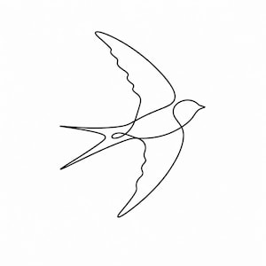 Könnte beinhalten: Eine minimalistische Schwarz-Linienzeichnung eines Vogels im Flug. Das Kunstwerk zeigt eine Schwalbe mit ausgebreiteten Flügeln und einem stromlinienförmigen Körper vor einem schlichten weißen Hintergrund. Das Design ist einfach und elegant.