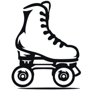 May include: A black and white illustration of a roller skate. The skate features a high-top boot with laces and is mounted on a frame with four wheels. The design is simple and graphic, suitable for various applications.