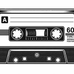 May include: A monochrome illustration of a cassette tape. The tape features the letter "A" and the number "60" on its label. Text reads "TYPE I NORMAL POSITION". The design is a retro style, reminiscent of the 1980s.