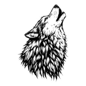 May include: Black and white line art illustration of a wolf howling at the moon. The wolf's head is turned to the side and its mouth is open in a howl. The wolf's fur is detailed with lines and shading.