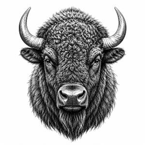 May include: Detailed black and white illustration of a bison's head. The artwork showcases the animal's fur texture, curved horns, and intense gaze. The image is a close-up, emphasizing the bison's features.