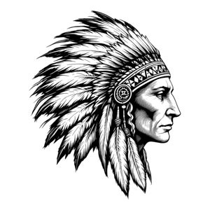 May include: Black and white illustration of a Native American man wearing a traditional headdress with feathers. The man is looking to the right and has a serious expression on his face.