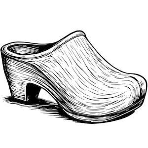 May include: A black and white illustration of a wooden clog. The clog has a rounded toe, a curved upper, and a small heel. The lines in the illustration give the impression of wood grain.