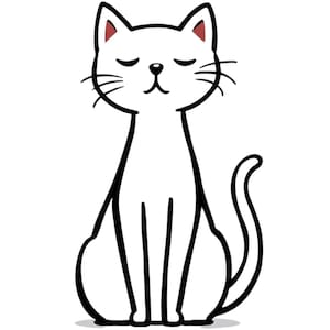 May include: A simple illustration of a white cat with black outlines. The cat is depicted sitting with its eyes closed, conveying a calm demeanour. The tips of the ears are red, and whiskers are drawn.