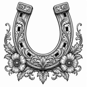 Può includere: Illustrazione in bianco e nero di un ferro di cavallo con ornati floreali e fogliari. Il ferro di cavallo presenta ritagli rettangolari decorativi ed è affiancato da due fiori dettagliati.