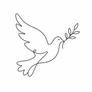 May include: A minimalist line drawing of a dove in flight, carrying an olive branch in its beak. The artwork is rendered in a single, continuous black line against a white background, emphasizing simplicity and peace.