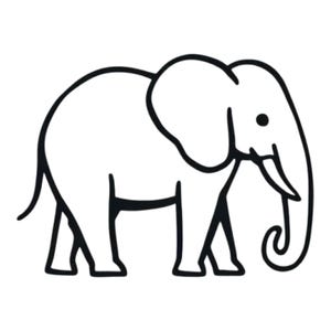 May include: A black and white line drawing of an elephant with its trunk curled up.