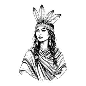 Mulher nativa americana menina linda preto e branco SVG / PNG / JPG Clipart - Uso comercial gratuito