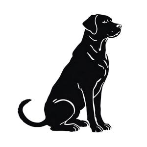 May include: Black silhouette of a Labrador Retriever dog sitting with its head turned to the side and looking up.