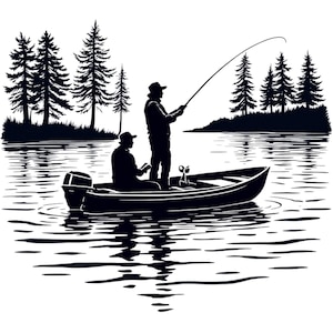 May include: A black and white illustration of two people fishing from a boat on a lake. The boat is in the center of the image, with one person standing and fishing, and the other seated. Trees line the background.