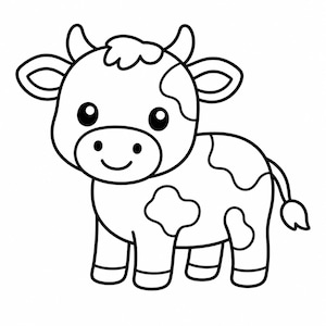 May include: A black and white cartoon illustration of a cow. The cow has large eyes, a smiling mouth, and spots on its body. The cow is standing and facing forward.