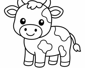 May include: A black and white cartoon illustration of a cow. The cow has large eyes, a smiling mouth, and spots on its body. The cow is standing and facing forward.
