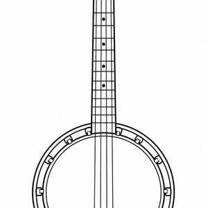 Puede incluir: Dibujo lineal en blanco y negro de un banjo. El instrumento musical tiene un cuerpo redondo, un mástil largo con trastes y cuatro clavijas de afinación. Las cuerdas son visibles, sobre un fondo blanco.